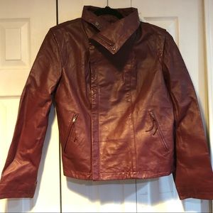 Burgundy Authentic Leather Funnel Collar Jacket